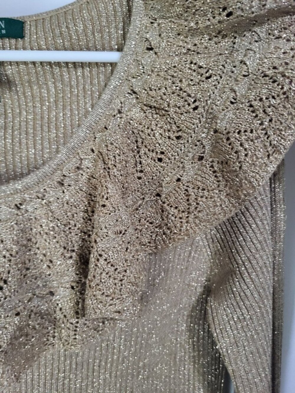 LAUREN RALPH LAUREN Womens L Gold Metallic Silk Polyester Ribbed Sweater Ruffle - Picture 4 of 7